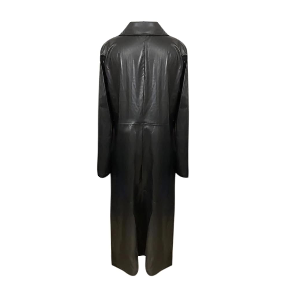 ジャケット・アウター real leather maxi long coat BLACK Women Maxi Black Faux Leather Coat Zipper Long Sleeve Belt